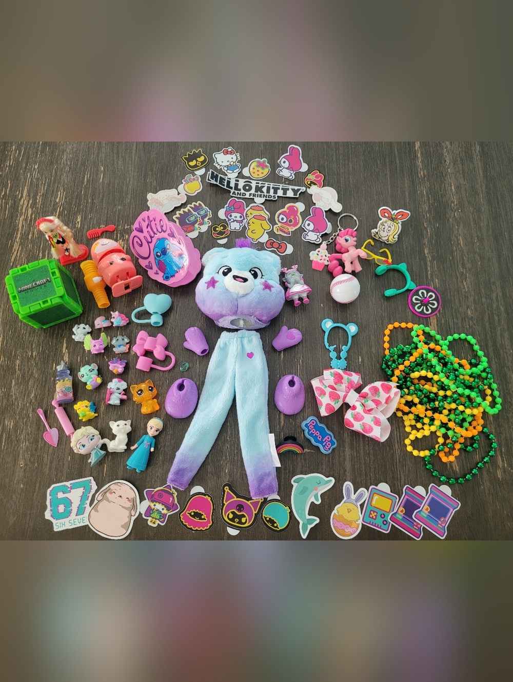 Girls 80 Piece Toy, Stickers, & Accessories Bundle- Care Bear, Hello Kitty